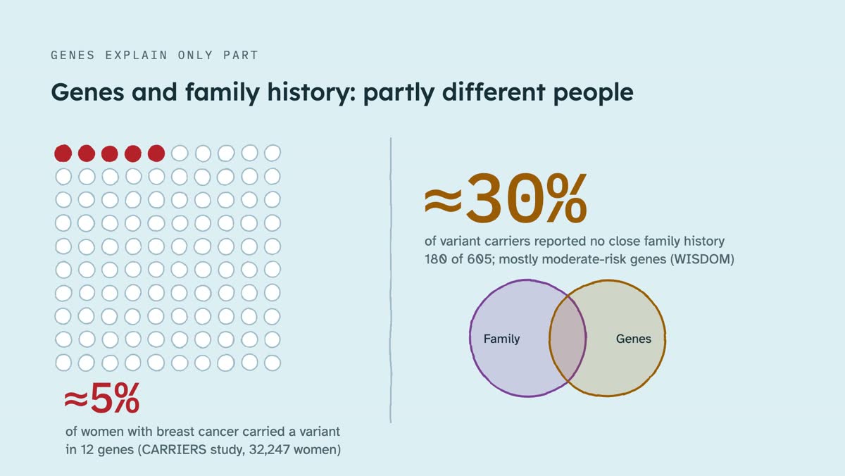 From the video: GENES EXPLAIN ONLY PART, Genes and family history: partly different people, ≈5%, of women with breast cancer carried a variant, in 12 genes (CARRIERS study, 32,247 women), ≈30%, of variant carriers reported no close family history, 180 of 605; mostly moderate-risk genes (WISDOM), Family, Genes