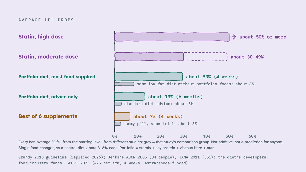 From the video: AVERAGE LDL DROPS, 0%, 10%, 20%, 30%, 40%, 50%, 60%, Statin, high dose, about 50% or more, Statin, moderate dose, about 30–49%, Portfolio diet, most food supplied, about 30% (4 weeks)