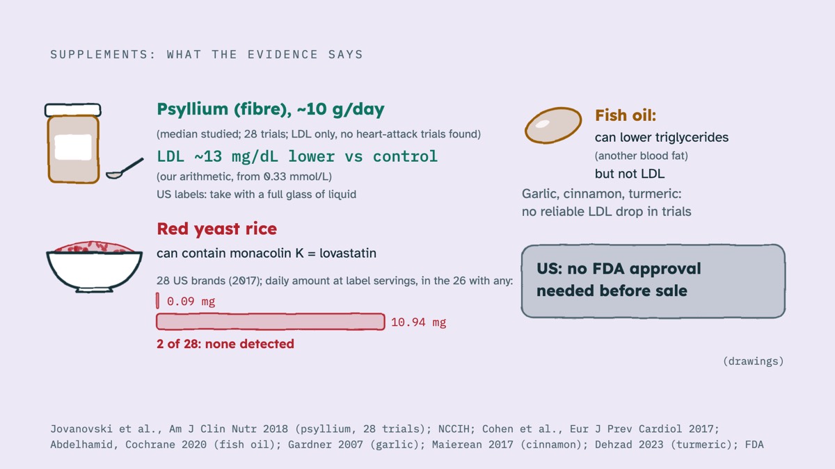 From the video: SUPPLEMENTS: WHAT THE EVIDENCE SAYS, Psyllium (fibre), ~10 g/day, (median studied; 28 trials; LDL only, no heart-attack trials found), LDL ~13 mg/dL lower vs control, (our arithmetic, from 0.33 mmol/L), US labels: take with a full glass of liquid, Red yeast rice, can contain monacolin K = lovastatin, 28