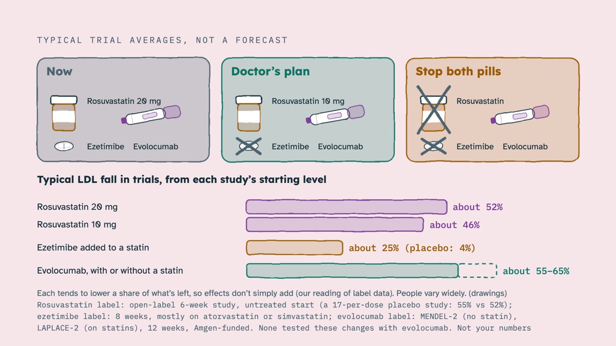 From the video: TYPICAL TRIAL AVERAGES, NOT A FORECAST, Now, Rosuvastatin 20 mg, Ezetimibe, Evolocumab, Doctor’s plan, Rosuvastatin 10 mg, Ezetimibe, Evolocumab, Stop both pills, Rosuvastatin, Ezetimibe, Evolocumab, Typical LDL fall in trials, from each study’s starting level