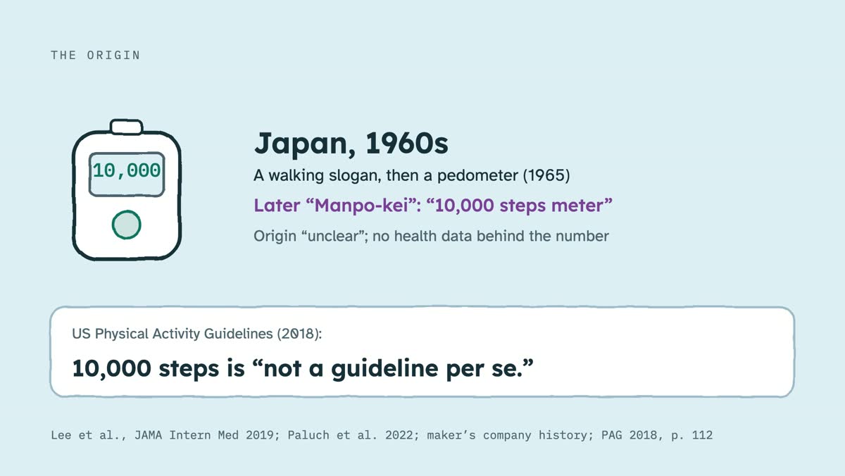 From the video: THE ORIGIN, 10,000, Japan, 1960s, A walking slogan, then a pedometer (1965), Later “Manpo-kei”: “10,000 steps meter”, Origin “unclear”; no health data behind the number, US Physical Activity Guidelines (2018):, 10,000 steps is “not a guideline per se.”, Lee et al., JAMA Intern Med 2019; Paluch et al. 20