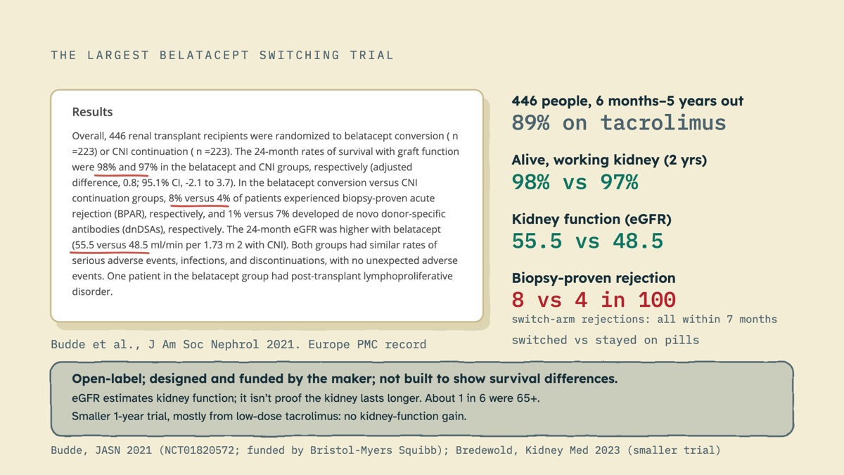 From the video: THE LARGEST BELATACEPT SWITCHING TRIAL, Budde et al., J Am Soc Nephrol 2021. Europe PMC record, 446 people, 6 months–5 years out, 89% on tacrolimus, Alive, working kidney (2 yrs), 98% vs 97%, Kidney function (eGFR), 55.5 vs 48.5, Biopsy-proven rejection, 8 vs 4 in 100, switch-arm rejections: all within