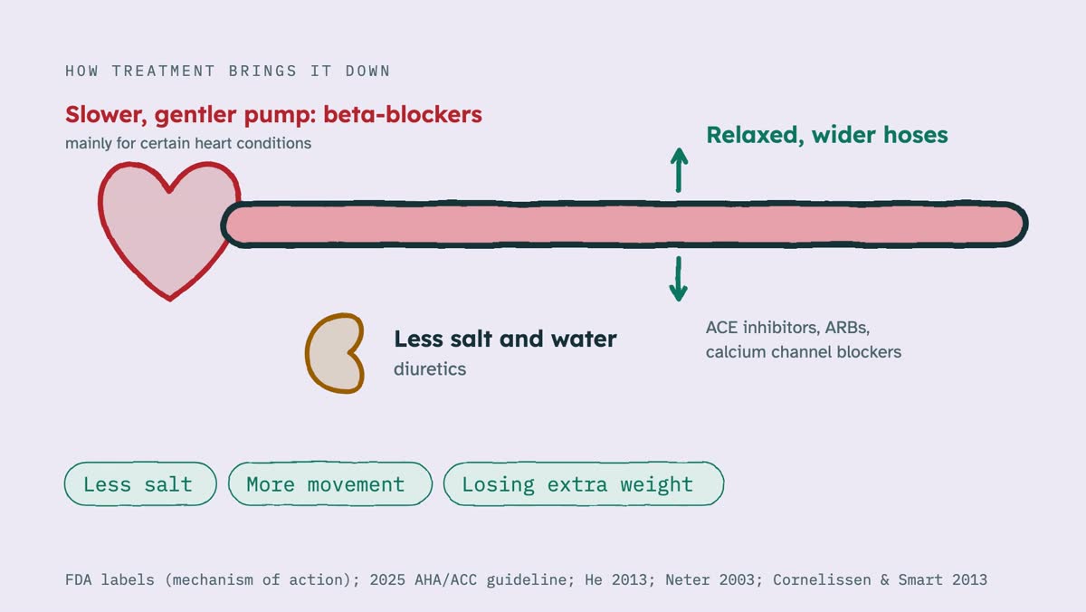 From the video: HOW TREATMENT BRINGS IT DOWN, Less salt and water, diuretics, Relaxed, wider hoses, ACE inhibitors, ARBs,, calcium channel blockers, Slower, gentler pump: beta-blockers, mainly for certain heart conditions, Less salt, More movement, Losing extra weight, FDA labels (mechanism of action); 2025 AHA/ACC gui