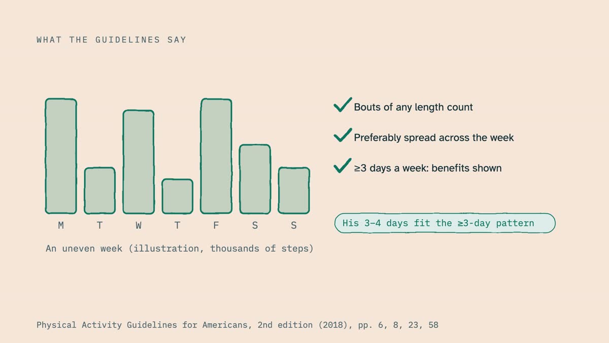 From the video: WHAT THE GUIDELINES SAY, M, T, W, T, F, S, S, An uneven week (illustration, thousands of steps), Bouts of any length count, Preferably spread across the week, ≥3 days a week: benefits shown, His 3–4 days fit the ≥3-day pattern, Physical Activity Guidelines for Americans, 2nd edition (2018), pp. 6, 8, 23