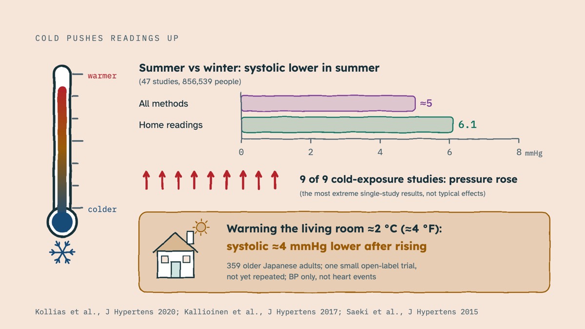 From the video: COLD PUSHES READINGS UP, warmer, colder, Summer vs winter: systolic lower in summer, (47 studies, 856,539 people), All methods, ≈5, Home readings, 6.1, 0, 2, 4, 6, 8