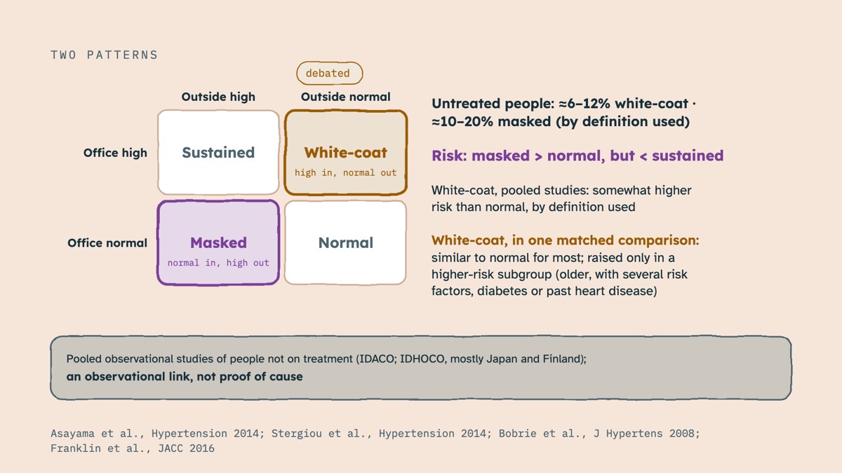 From the video: TWO PATTERNS, Outside high, Outside normal, Office high, Office normal, Sustained, Normal, White-coat, high in, normal out, Masked, normal in, high out, Untreated people: ≈6–12% white-coat ·, ≈10–20% masked, (by definition used)
