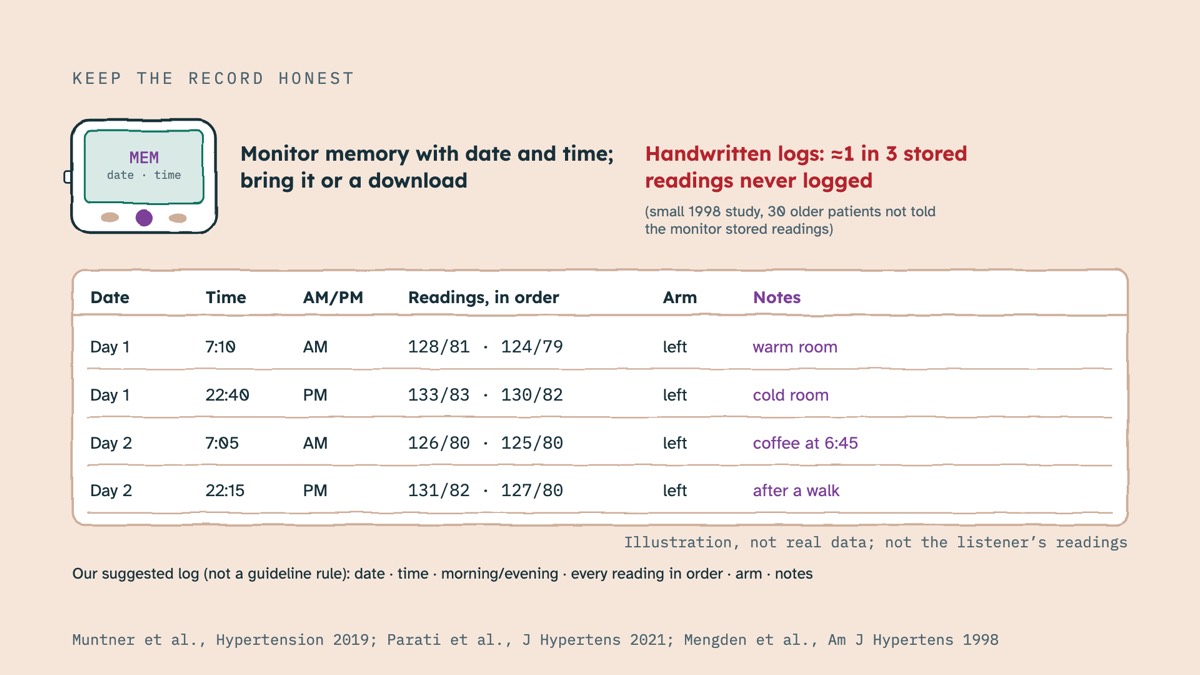 From the video: KEEP THE RECORD HONEST, MEM, date · time, Monitor memory with date and time;, bring it or a download, Handwritten logs: ≈1 in 3 stored, readings never logged, (small 1998 study, 30 older patients not told, the monitor stored readings), Illustration, not real data; not the listener’s readings, Date, Time