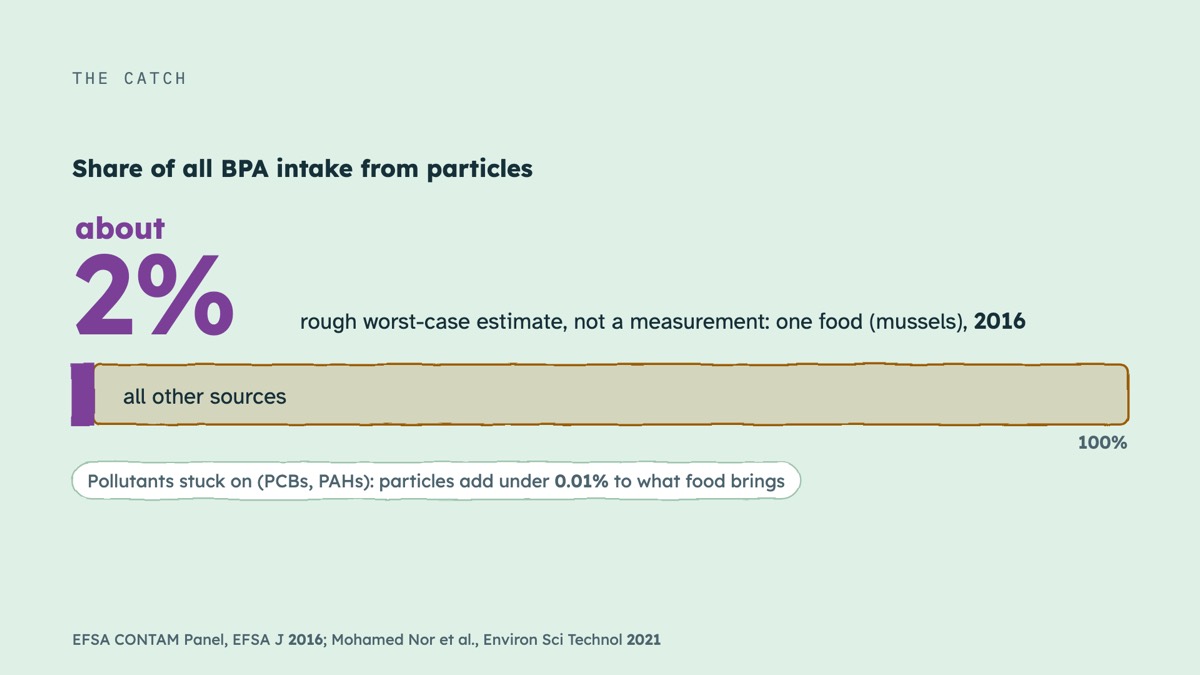 From the video: THE CATCH, Share of all BPA intake from particles, all other sources, 100%, about, 2%, rough worst-case estimate, not a measurement: one food (mussels), 2016, Pollutants stuck on (PCBs, PAHs): particles add under 0.01% to what food brings, EFSA CONTAM Panel, EFSA J 2016; Mohamed Nor et al., Environ Sci 