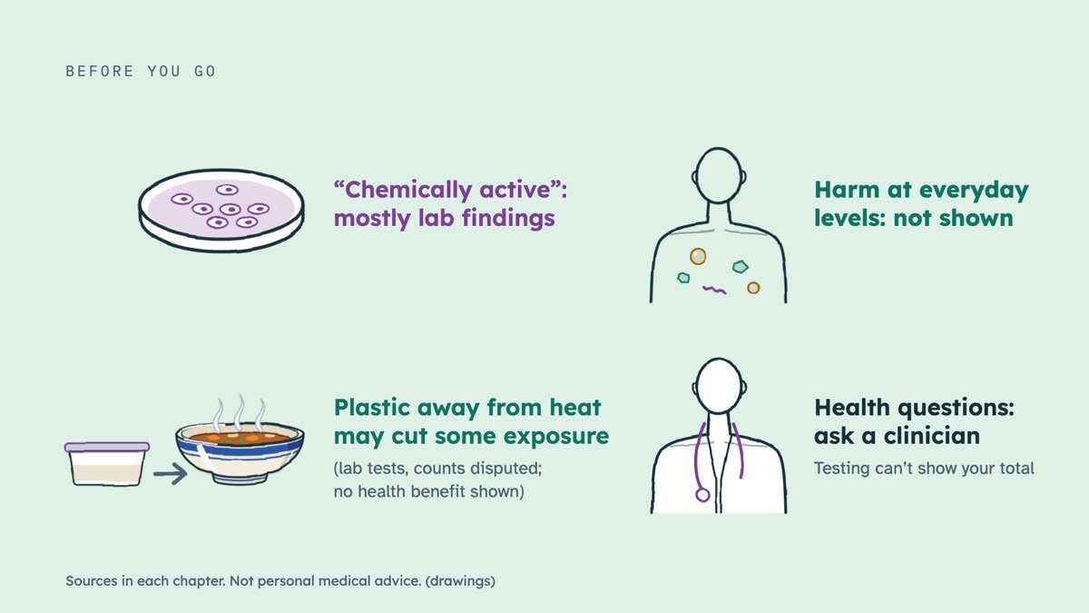 From the video: BEFORE YOU GO, “Chemically active”:, mostly lab findings, Harm at everyday, levels: not shown, Plastic away from heat, may cut some exposure, (lab tests, counts disputed;, no health benefit shown), Health questions:, ask a clinician, Testing can’t show your total, Sources in each chapter. Not personal m
