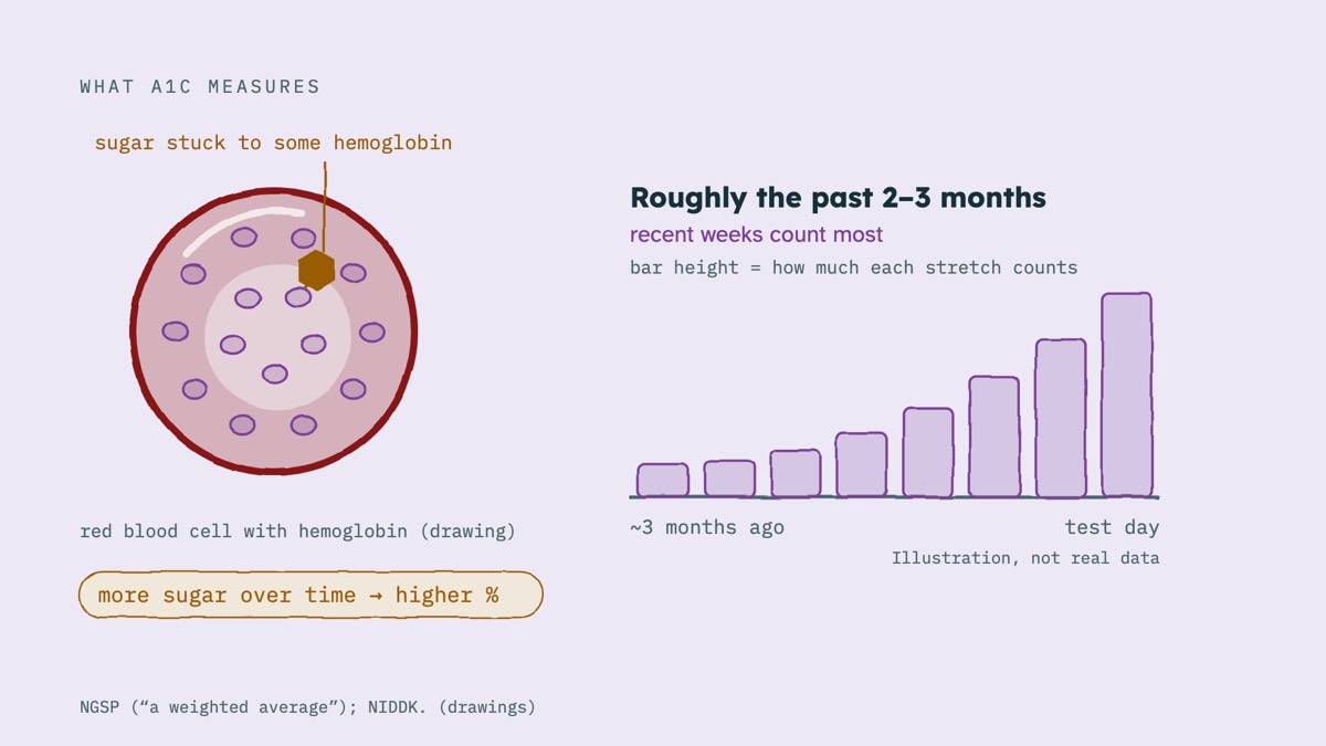 From the video: WHAT A1C MEASURES, red blood cell with hemoglobin (drawing), sugar stuck to some hemoglobin, more sugar over time → higher %, ~3 months ago, test day, Roughly the past 2–3 months, recent weeks count most, Illustration, not real data, bar height = how much each stretch counts, NGSP (“a weighted average”)
