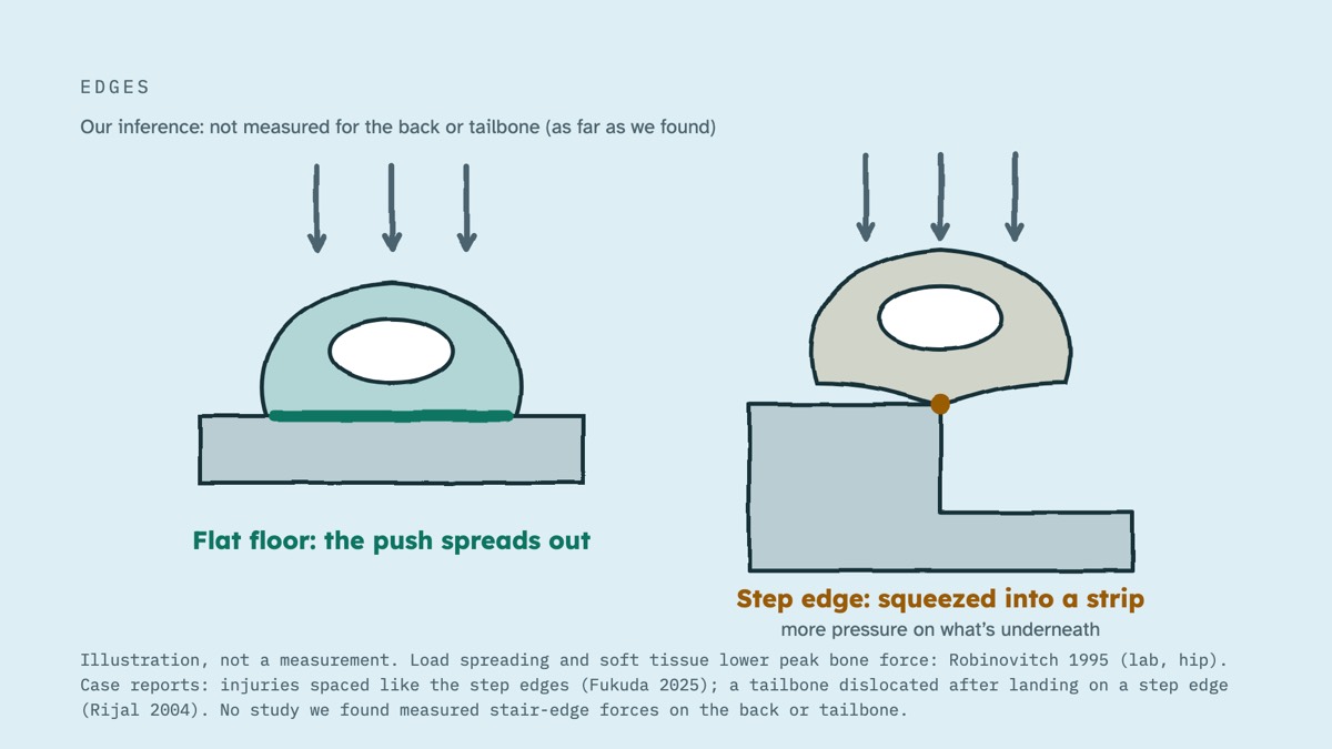 From the video: EDGES, Flat floor: the push spreads out, Step edge: squeezed into a strip, more pressure on what’s underneath, Our inference: not measured for the back or tailbone (as far as we found), Illustration, not a measurement. Load spreading and soft tissue lower peak bone force: Robinovitch 1995 (lab, hip). Ca