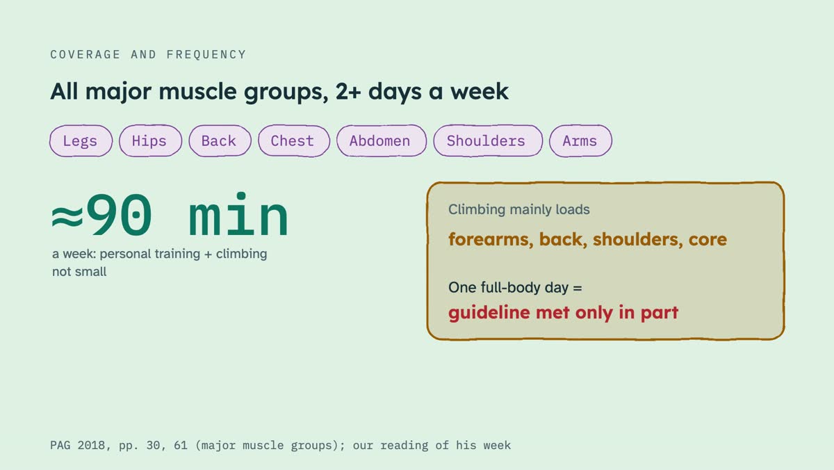 From the video: COVERAGE AND FREQUENCY, All major muscle groups, 2+ days a week, Legs, Hips, Back, Chest, Abdomen, Shoulders, Arms, ≈90 min, a week: personal training + climbing, not small, Climbing mainly loads, forearms, back, shoulders, core